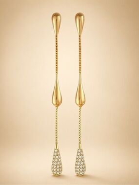 Anthropologie Gold Teardrop Chain Earrings with Crystal Accents